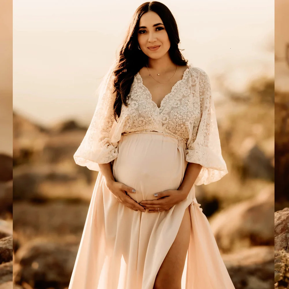 Maternity Dresses For Baby Showers Beige Lace Half Sleeved V-neck Short Top Two-Piece Boho Style Dress Po Shoot Pregnant 250116