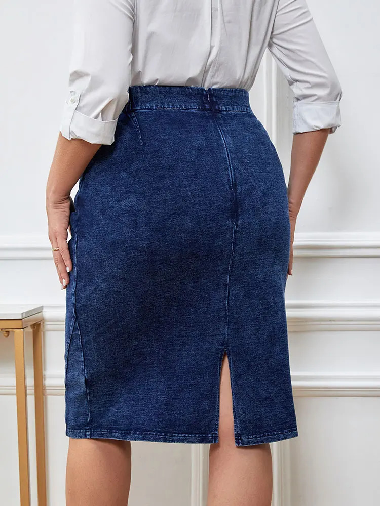Womens plus Size Casual Denim Skirt High Waist ALine KneeLength Blue Vintage Flared Skirts for Women y250121