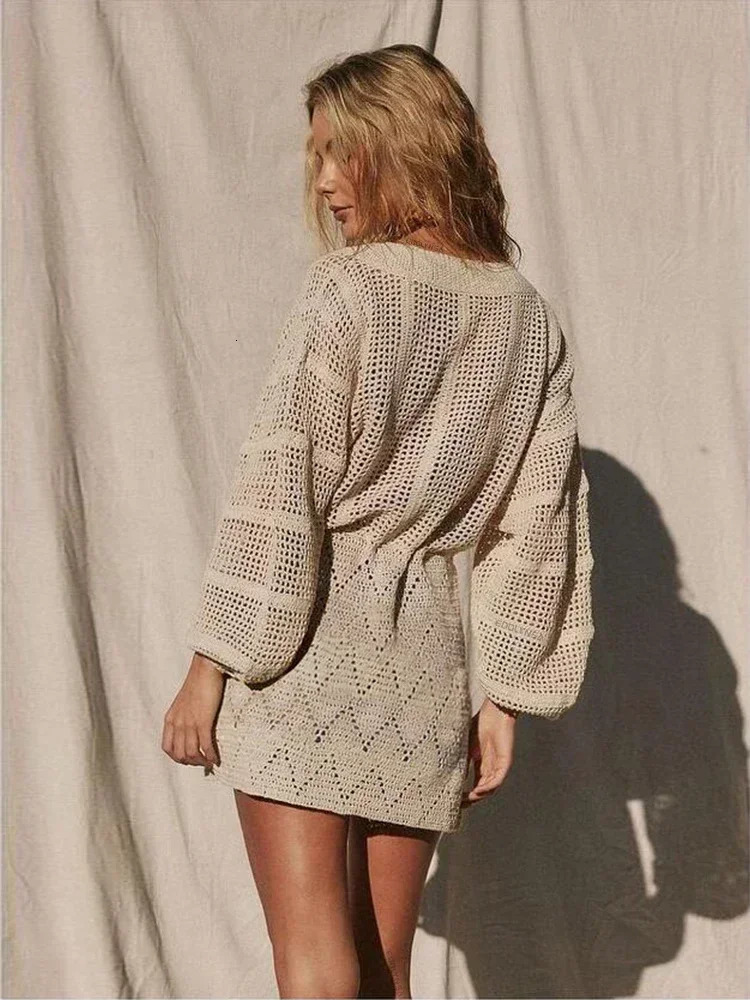 Sexy Deep Vneck Laceup Bell Sleeve Knit Mesh Hollow Out Beach Mini Dress 2024 Summer Swimsuit Cover Up Women Casual Tunic K14 250121
