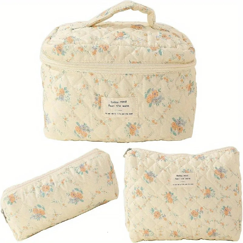 3 Pcs Classic Flower Pattern Makeup Bag Set Lightweight Versatile Carry All Cosmetic Bags250114