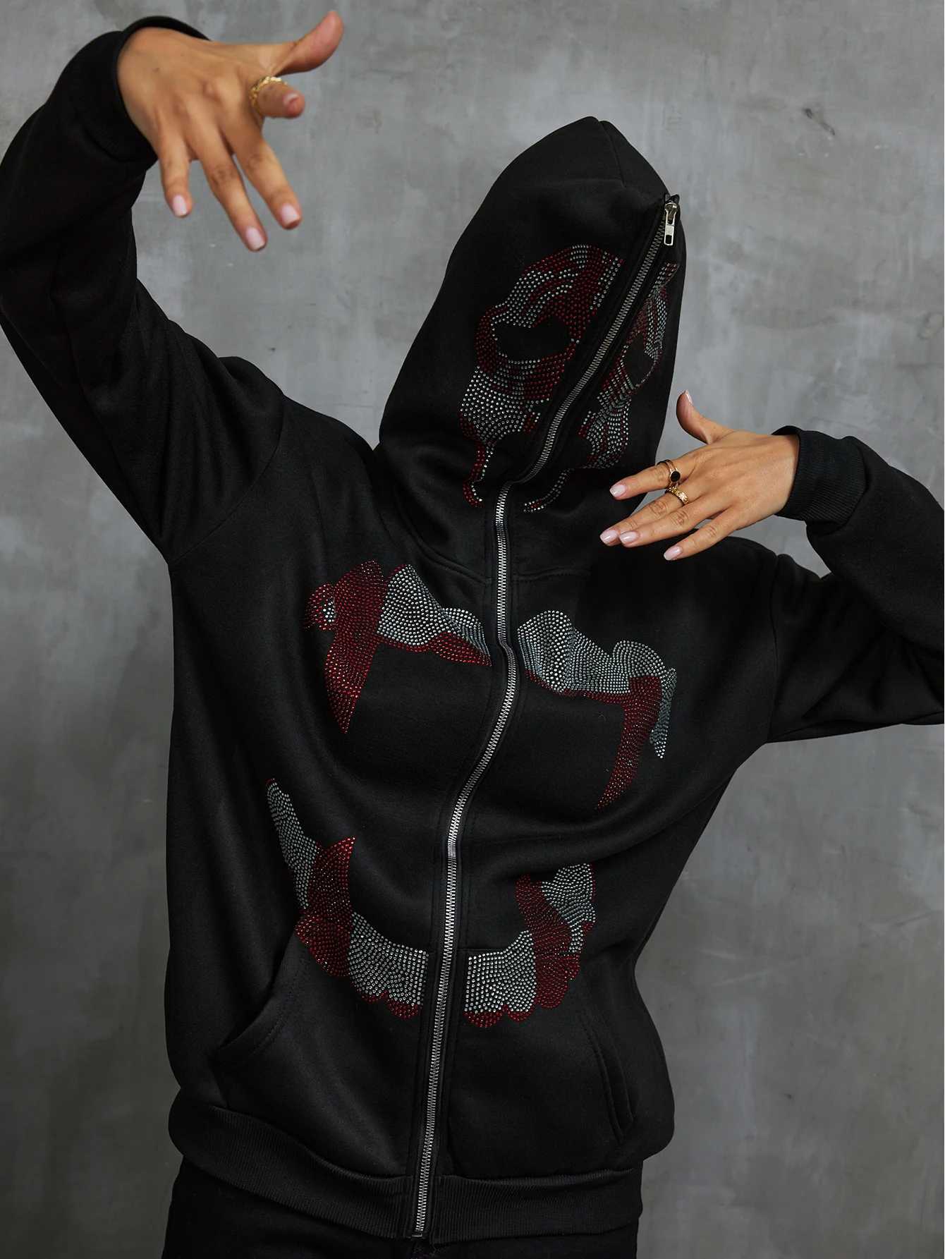 2024 Autumn Fashion Y2K Traf Stitch Personalized Zipper Sweater New Autumn And Winter Hip-hop Rhinestone Hoodie Jacket W250117
