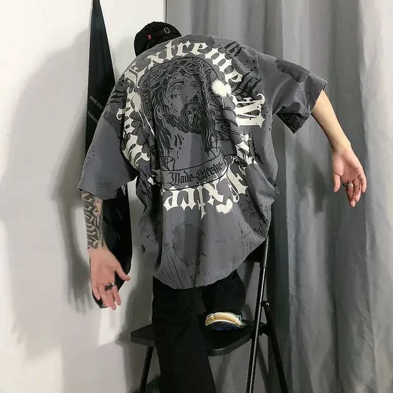 American retro long street skirt washed out mens T-shirt loose hip-hop style summer style Y2K Harajuku W250117