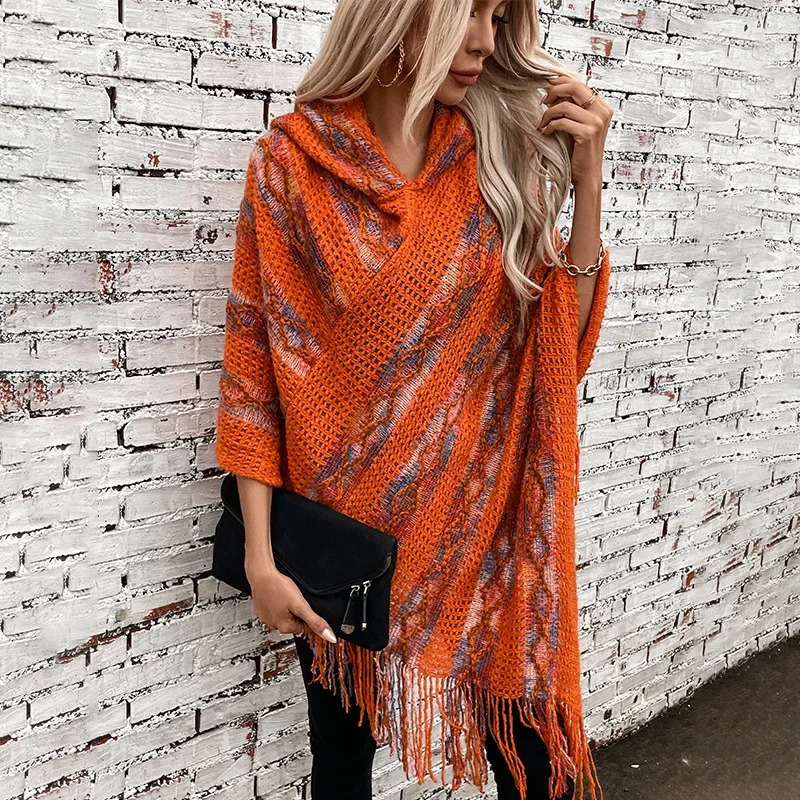 Women Knitted Hooded Cape Shawl Print Striped Tassel Spliced Ponchos Pullover Elegant Loose Cloak Ladies Autumn Winter 250121