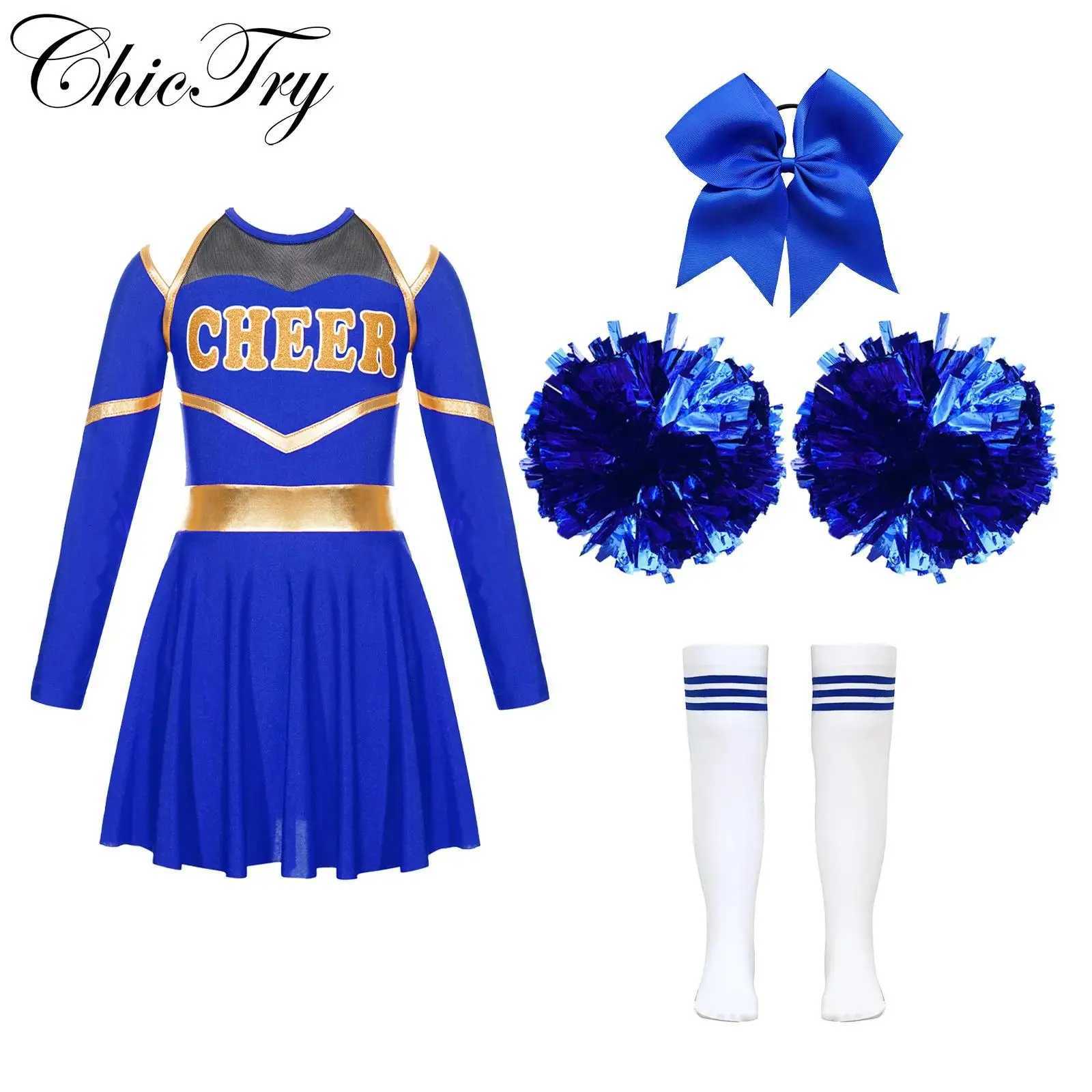 Kids Girls Cheerleading Costumes Uniform Long Sleeves Dance Dress with Hand Flowers Headwear Striped Socks for Stage Performance W250117