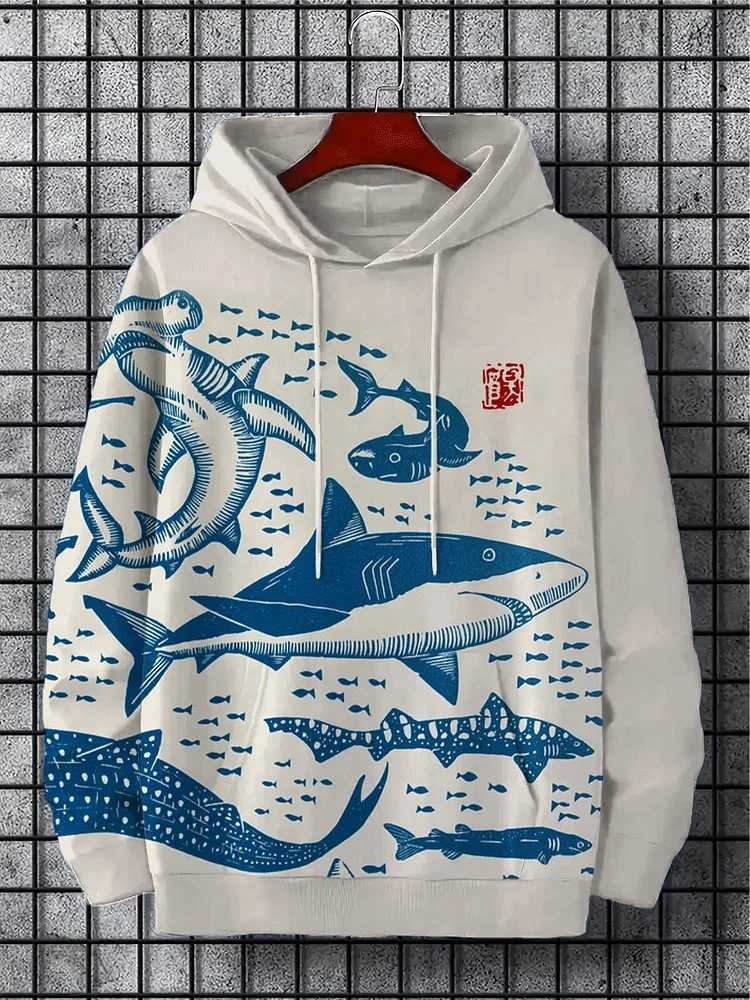 Funny Japanese Harajuku fashion mens hoodie casual y2k hoodie mens autumn and winter sea whale pattern sports hoodie W250117