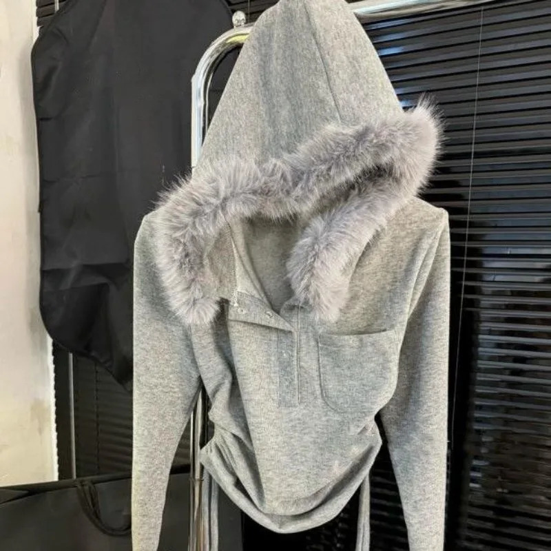 Korean Simple Solid Color Fur Collar Hoodies Women Fashion Retro Street Girl Slim Fit Harajuku Casual Hoodie 250116