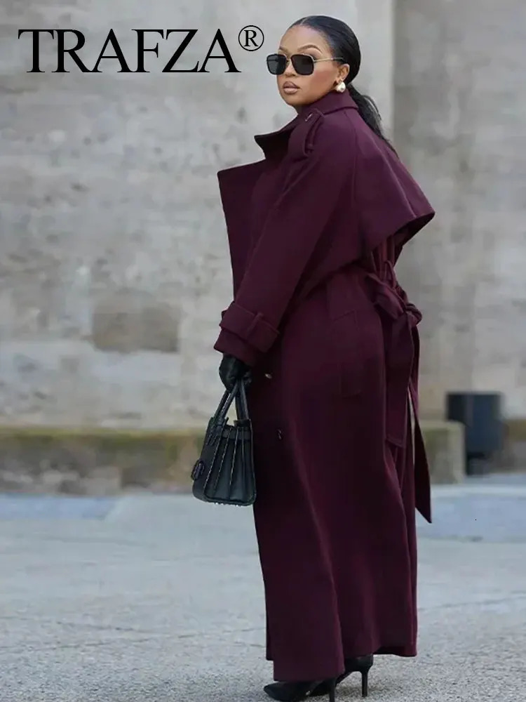 TRAFZA Women Elegant Burgundy Oversize Lapel Coat Belt Wool Blend Double Breasted Long Sleeve Jacket 2024 Autumn Commute Outwear 250110