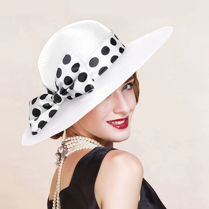FS Elegant Women Wide Brim Rose Black Patchwork Polka Dots Kentucky Hat For Wedding Party Big Bowknot Fedora Beach Cap 250118