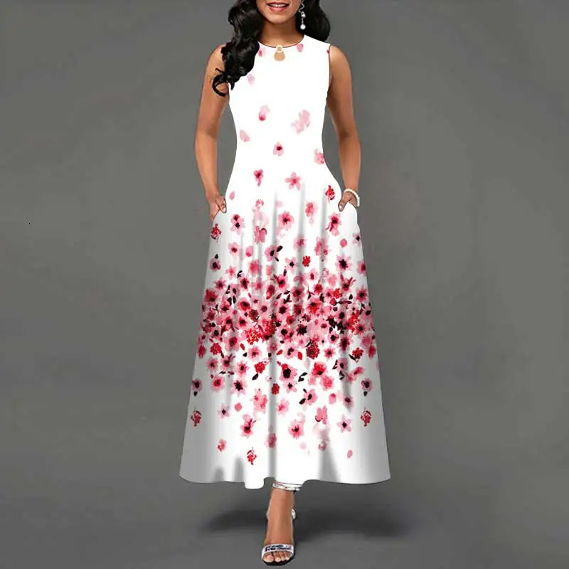 Summer European and American Sleeveless Long Dress Women Flower Print Large Swing Skirt Bohemian Retro Loose Long Skirt 250117
