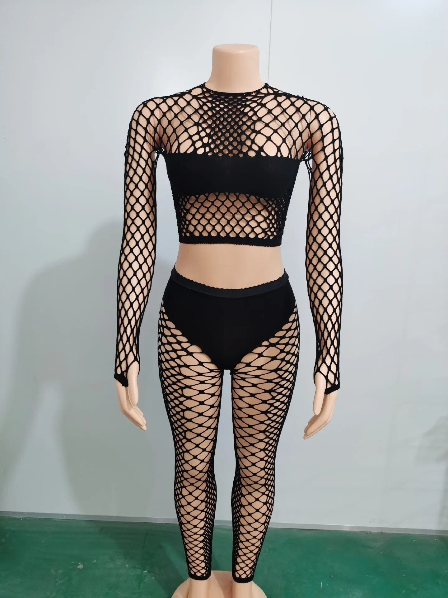 CM.YAYA O-neck Full Sleeve Women Sets Mesh Hollow Out Casual Top Pant Night Club 2 Two Piece Sets Sexy Perspective Outfits 250122