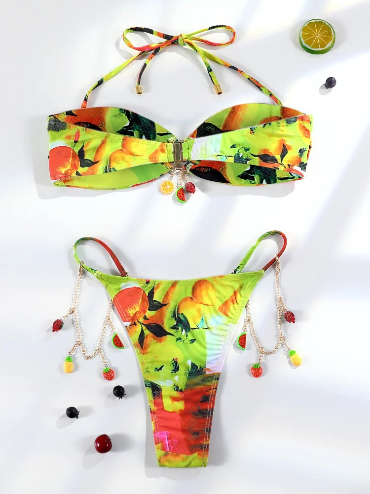 Miyouj Bikini Friut Print Swimsuit Bandeau Bathsuit Womens Swimwear High Cut Bathwear Bandage Biquini Two Pieces Suit 250117