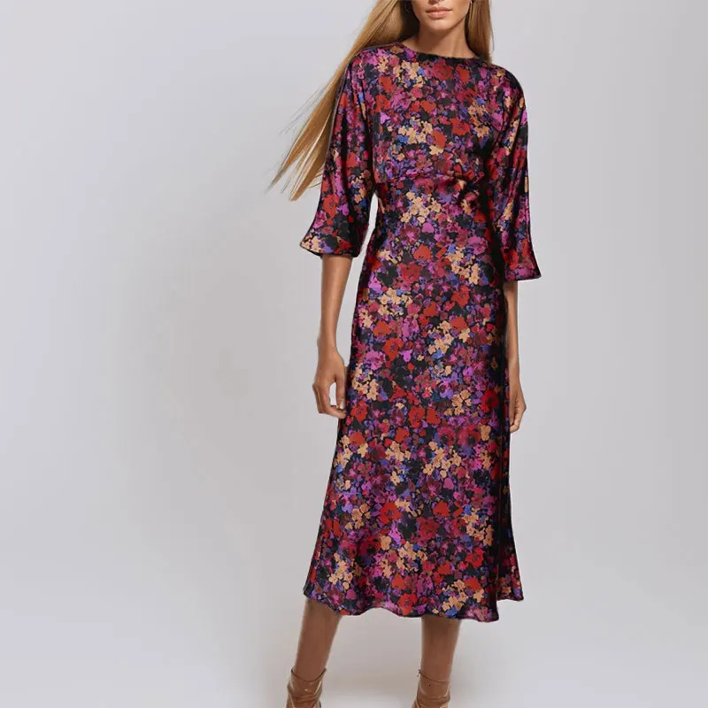 Floral Print Dresses for Women Autumn Midi Dress Woman Party Long Dresses Women Vintage Female Dress 250121