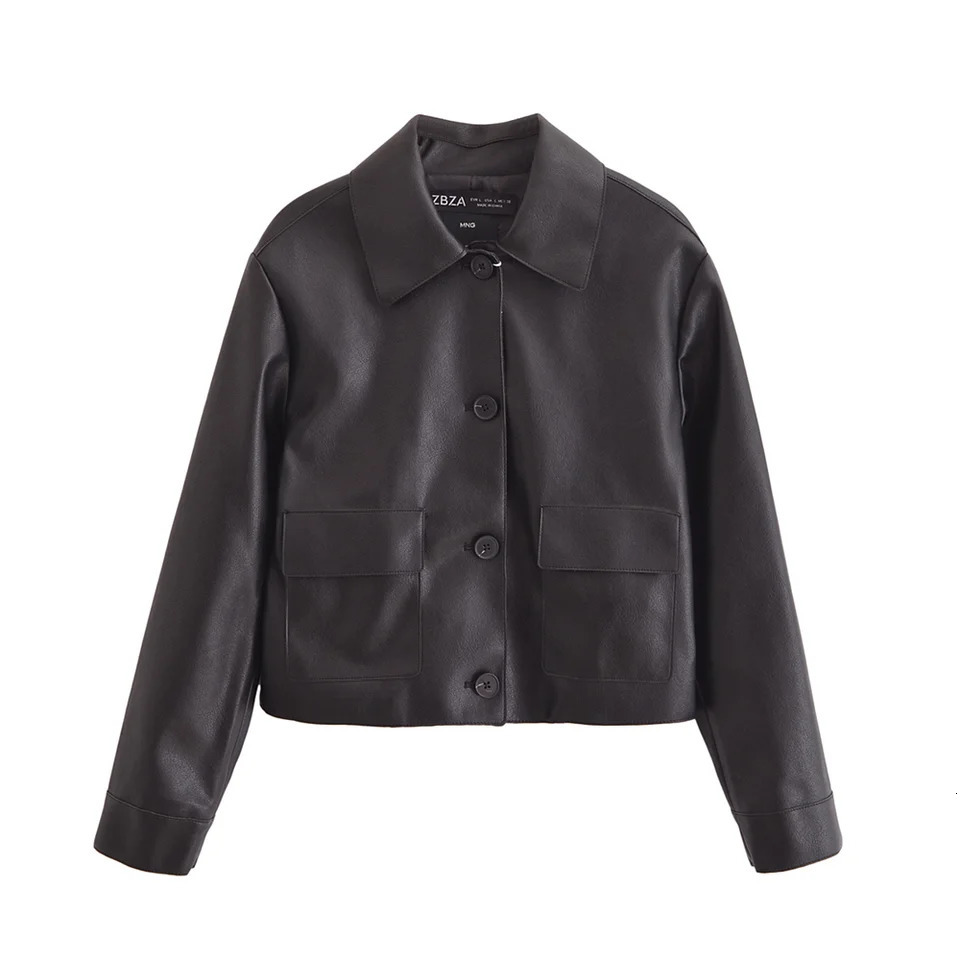 PB ZA Autumn Womens Clothing n Sense Commuting Versatile Look Thin Black Leather Short Long Sleeve Jacket 250122