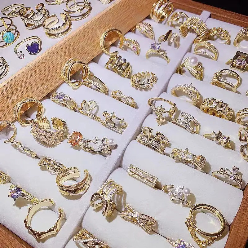 10Pcs/Lot Fashion Crystal Zircon Rings For Women Korean Elegant Copper Alloy Flower Rings Finger Accessories Jewelry Gift 250121