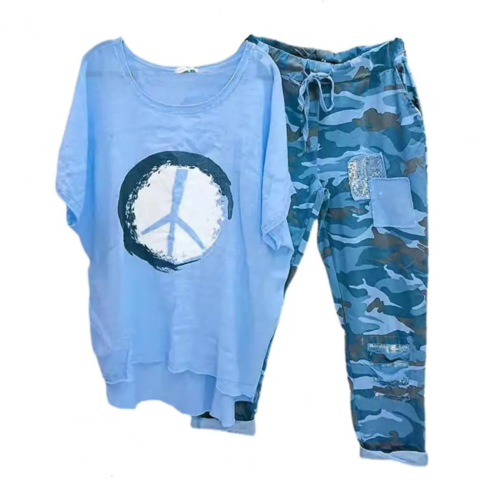 1 Set Tshirt Pants ONeck Two Piece Asymmetrical Laceup 250113