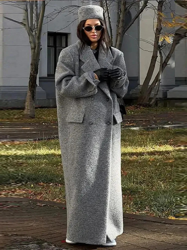 ZBZA Women Elegant Double-breasted Coat Suit Collar Long Sleeve Solid Retro Hem Slit Faux Woolen Overcoat Fall Winter Chic Coat 250118