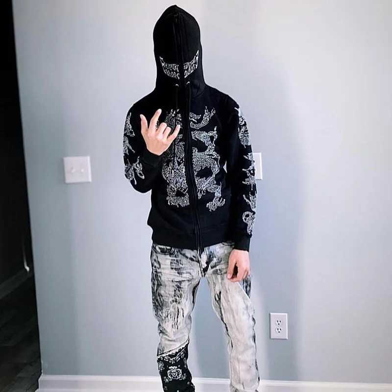 Fall Winter Rhinestone Embroidery Black Retro Jacket Men Women Hooded Sports Long Sleeve Oversized Casual Zipper Jackets Y2k Top W250117
