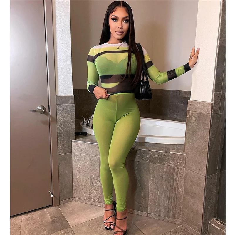 Sexy Mesh Sheer Striped Patchwork Two Piece Set Women Clubwear Long Sleeve Top Leggings Matching Sets Party Birthday Outfits 250108