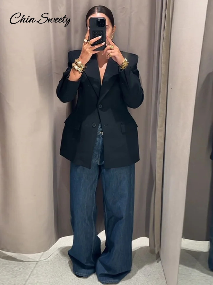 Spring Shoulder Pad Womens Black Blazer Fashion Lapel Flap Pocket Slim Button Suit Jacket Female Lady Commute Outwear 250109