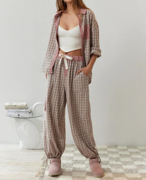 Spring and autumn flat top twopiece set 2024 womens casual long sleeved pocket shirt fashionable loose pants 250122