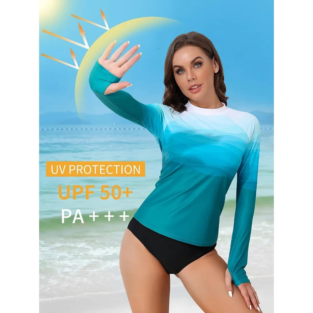 Anfilia Women Rashguard Long Sleeves Printed Crew Neck with Thumb Holes Surfing Shirt Skin-Friendly UPF 50 Swimsuit 250122