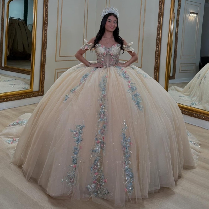 Champagne Quinceanera Dresses Ball Gown Off The Shoulder Applique Lace Beading Tull Party Birthday Sweet 16 Dress Vestidos 15 De Anos