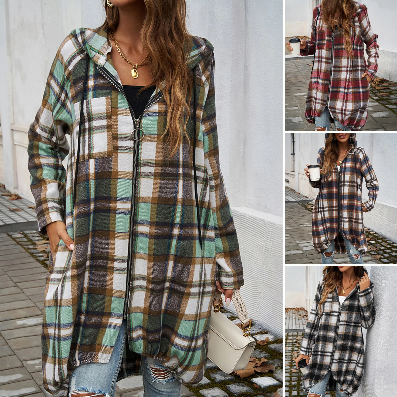 YJKDYK Spring Autumn Womens Windbreaker Female Casual Loose Contrast Zipper Hooded Jacket Ladys Plaid Coats Womens Clothing 250118