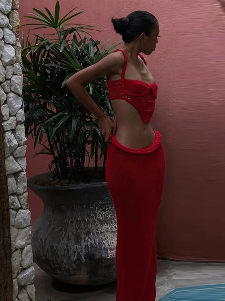 Sexy Knitted Sling Top Long Skirt Womans Set Retro Solid Hollow Out Lace Up Tube Tops High Waist Skirts Sets Lady Beach Holiday 250120