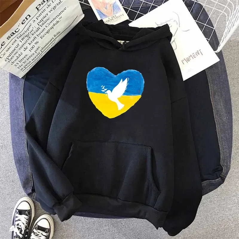 Ukraine Cartoon Print Hoodies Women Autumn Winter Clothes Harajuku Punk Vintage Graphic Tee Down Jacket Woman Black Hooded Top 250122