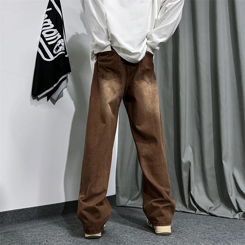 Brown Baggy Jeans Men Fashion Casual Vintage Streetwear Hiphop Loose Straight Mens Retro Denim Trousers M3XL 250121