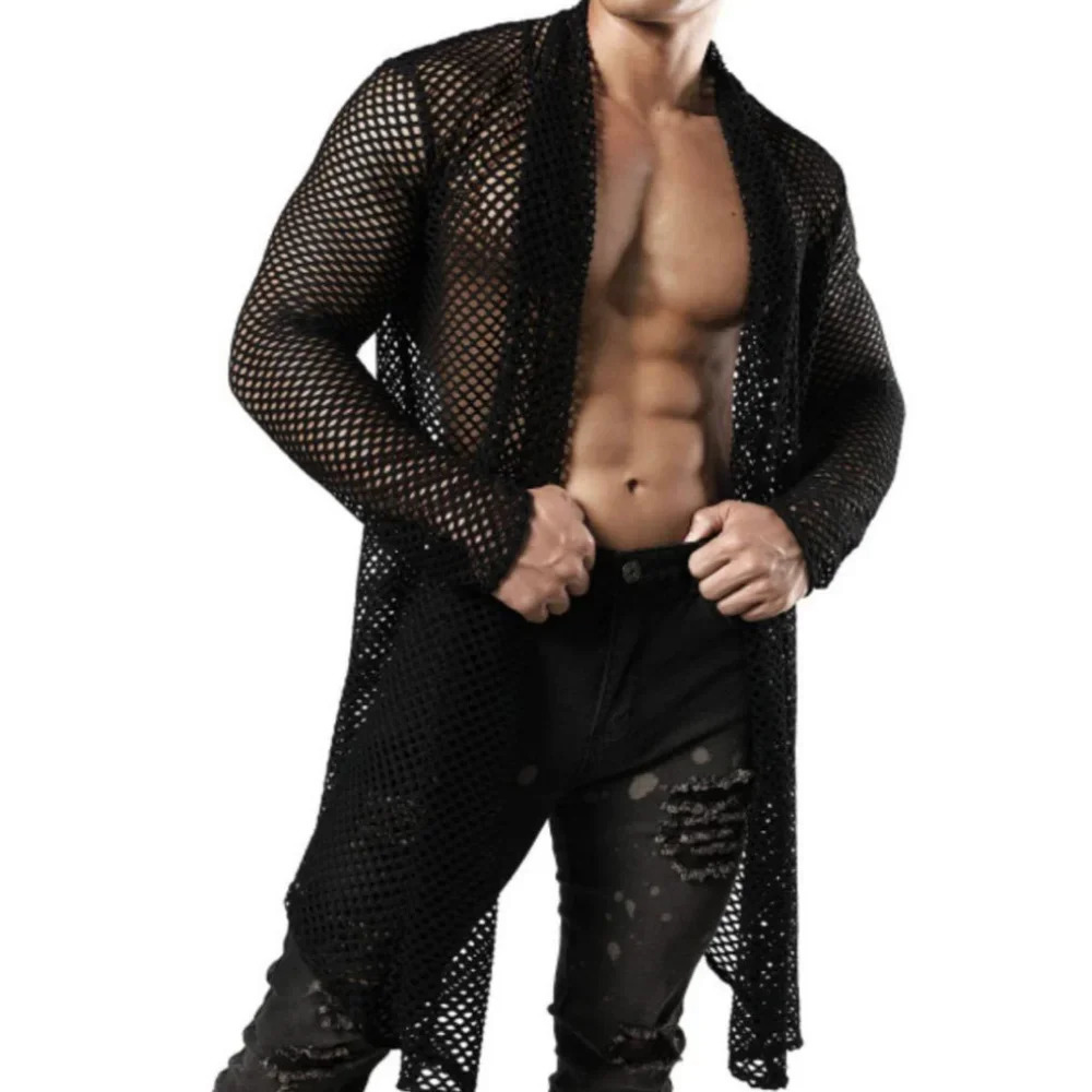 Sexy Male Hollow Out In Cardigan Grid Streetwear Men Fashion Perspective Long-sleeved T Shirts Tops 250118