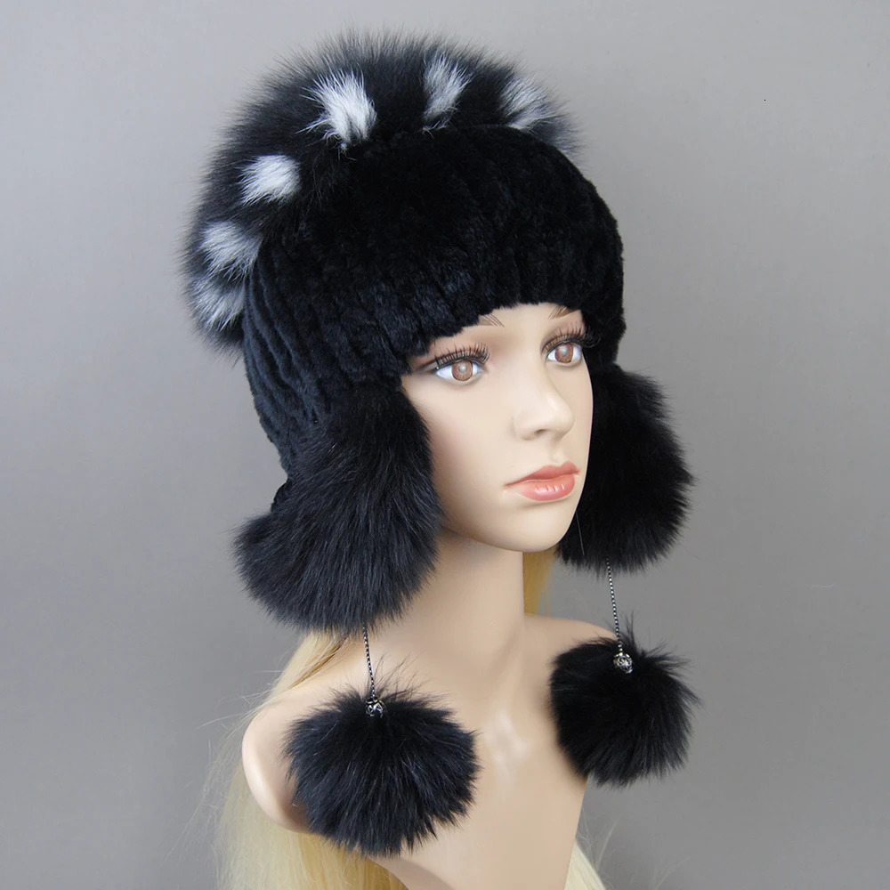Elastic Knitted Rex Rabbit Fur Beanies Handmade Genuine Fur Hats with Fox Fur Ears Genuine Leather Snow Hats Suitable for Female ers 250109