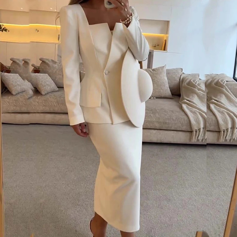 Elegant Square Collar Long Sleeve Blazer Long Skirts Suit Women Chic Double Breasted Jacket Work Outfit Solid 2Pcs Suit 250122