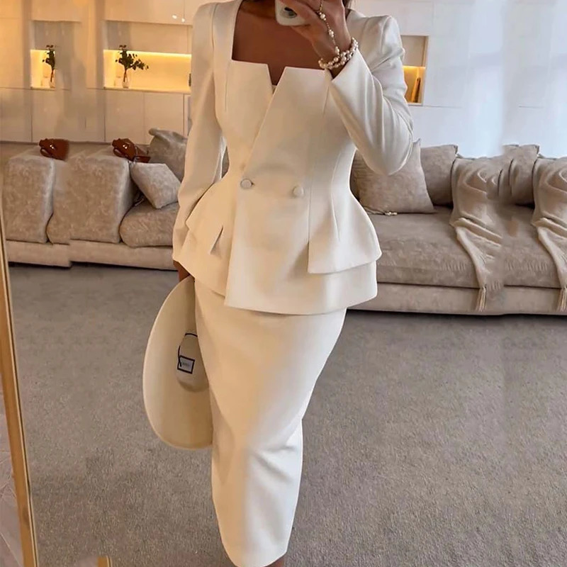 Elegant Square Collar Long Sleeve Blazer Long Skirts Suit Women Chic Double Breasted Jacket Work Outfit Solid 2Pcs Suit 250122