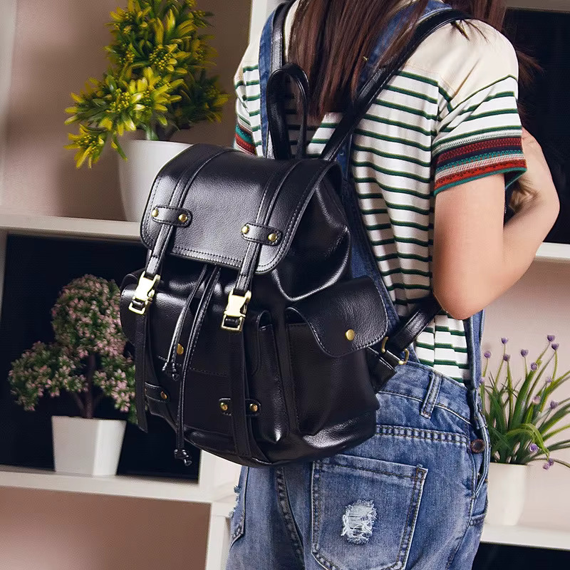 Vintage Leather Backpack Women Fashion Large Drawstring Rucksack School Travel Bag For Teenage Girls Mochilas Black Brown Xa480h