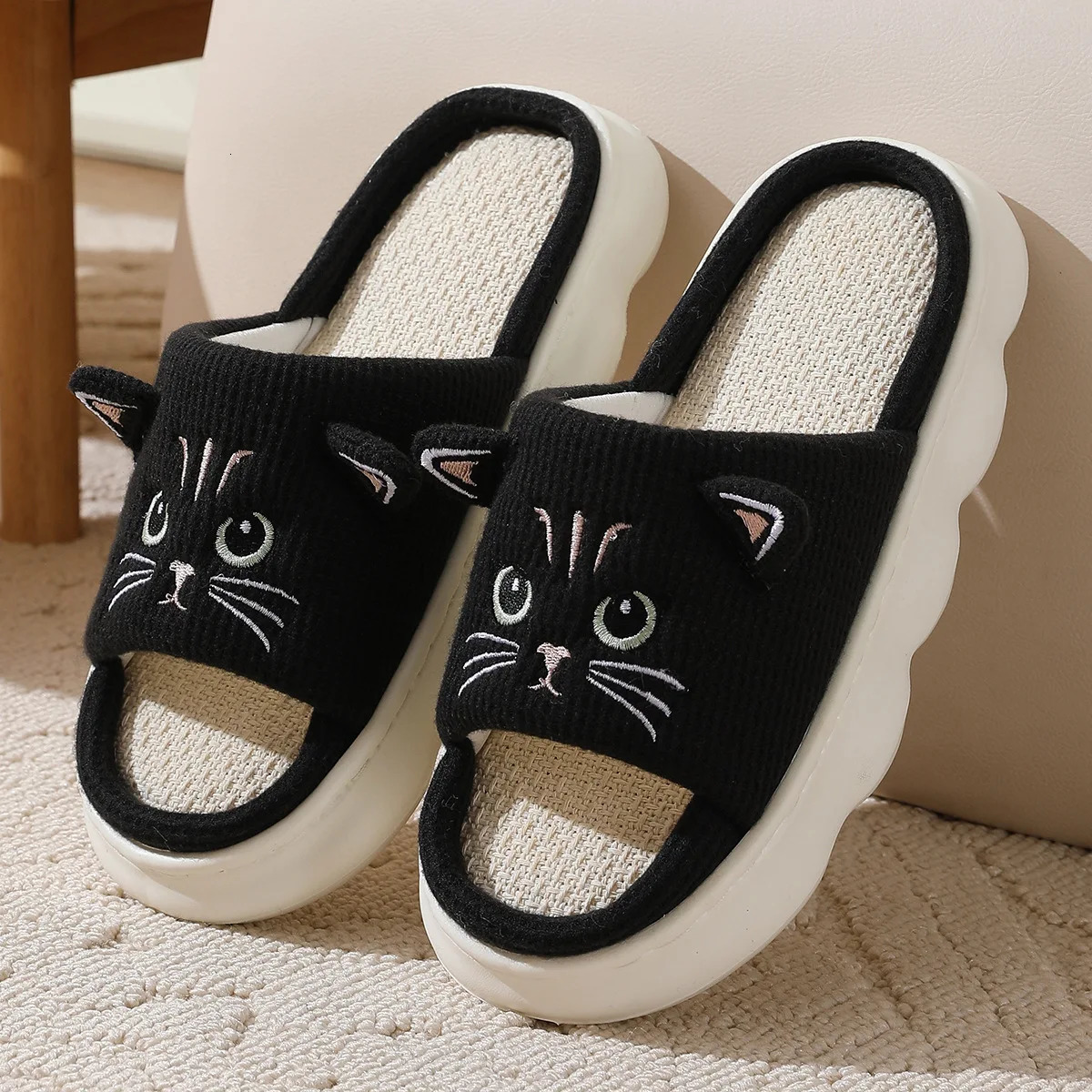 Kidmi Cute kitty Women Slippers Fashion Breathable Indoor House Sweatabsorbing Linen Antiskid Casual 250117