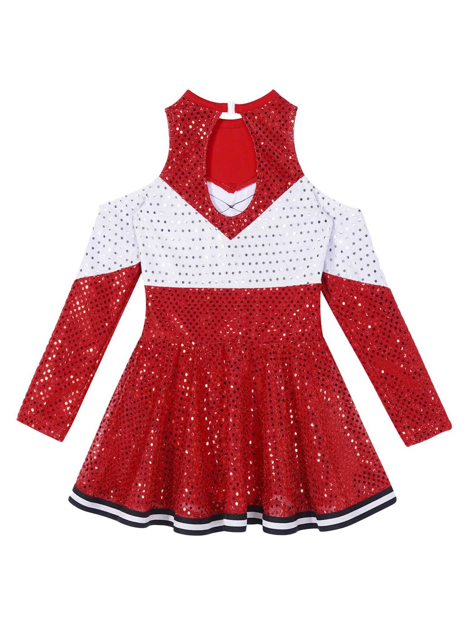 Kids Girls Cheerleading Uniform Dance Costume Long Sleeve Off-shoulder Round Neckline Contrast Color Shiny Sequins Dance DressW250121