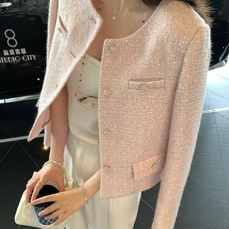 Sequin Small Fragrance Short Coat Tweed Elegant Temperament Female Tops 2024 Autumn Korean Chic Pink O Neck Jackets Woman