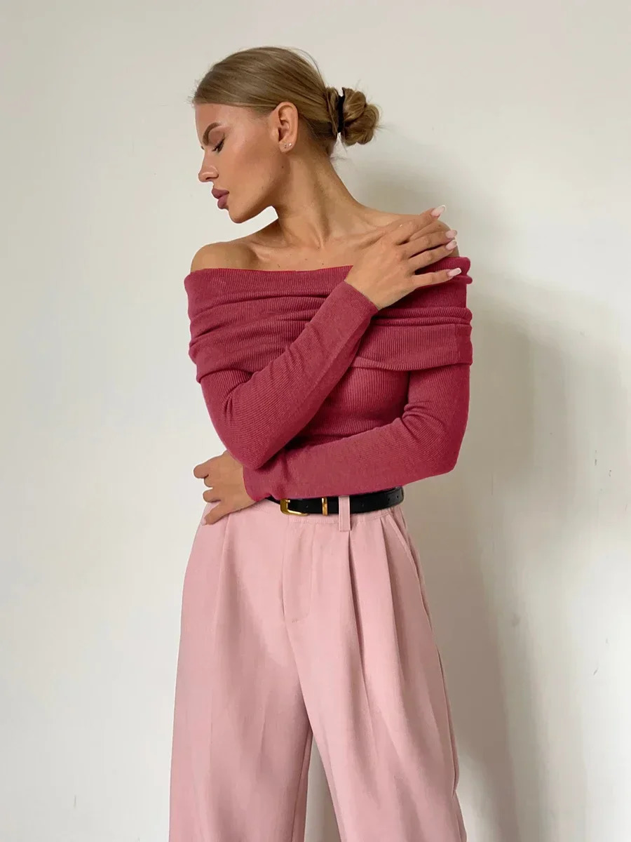 Wolfeel Women Knitted Wool T-shirt Slim Fit Long Sleeve Autumn Winter Chic Off Shoulder Basic Sweater Streetwear Pullovers 250107