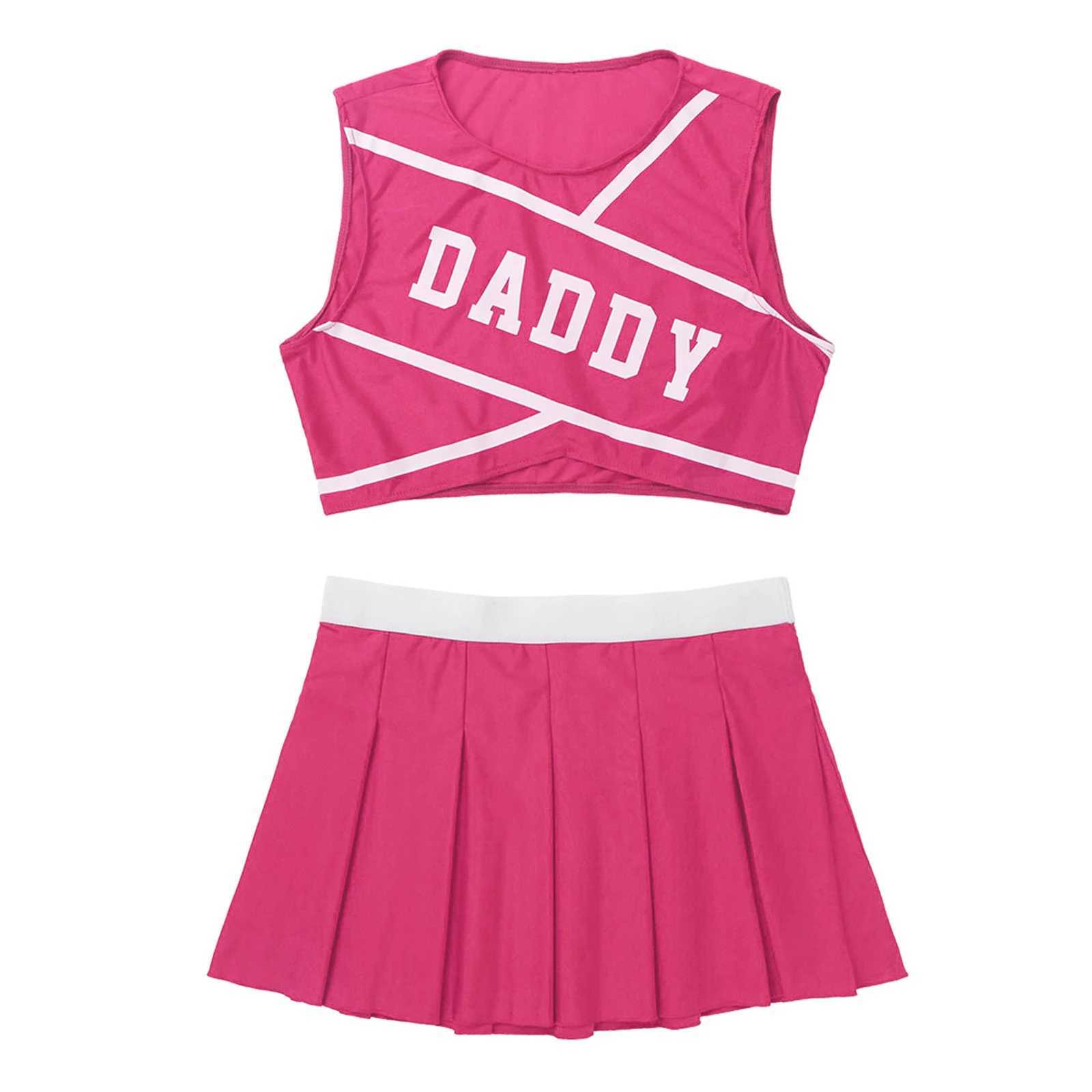 2Pcs Women School Girls Cheerleading Uniforms Set DADDY Printed Cheerleader Costume Sleeveless Crop Top with Mini Pleated SkirtW250121