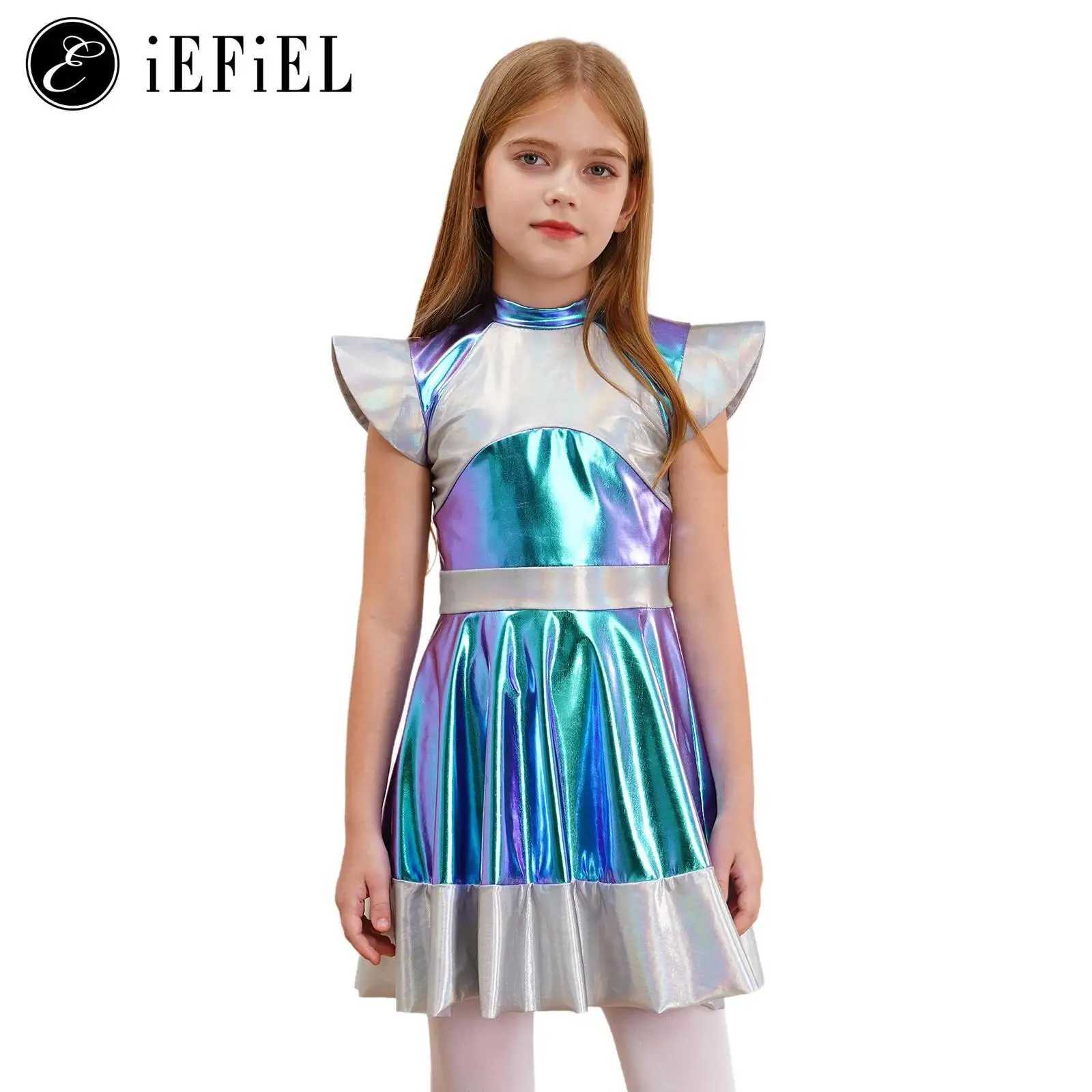 Shining alien girl outdoor space Halloween role-playing costume flyer sleeve gradient line picture Future world party dance dress W250117