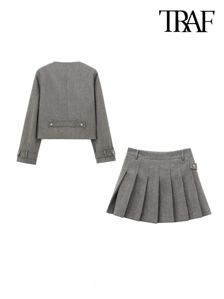 TRAF Women Fashion With Buttons Jacket Coat And Mid Waist Side Zipper Pleated Skirts Female Two Piece Set 250122
