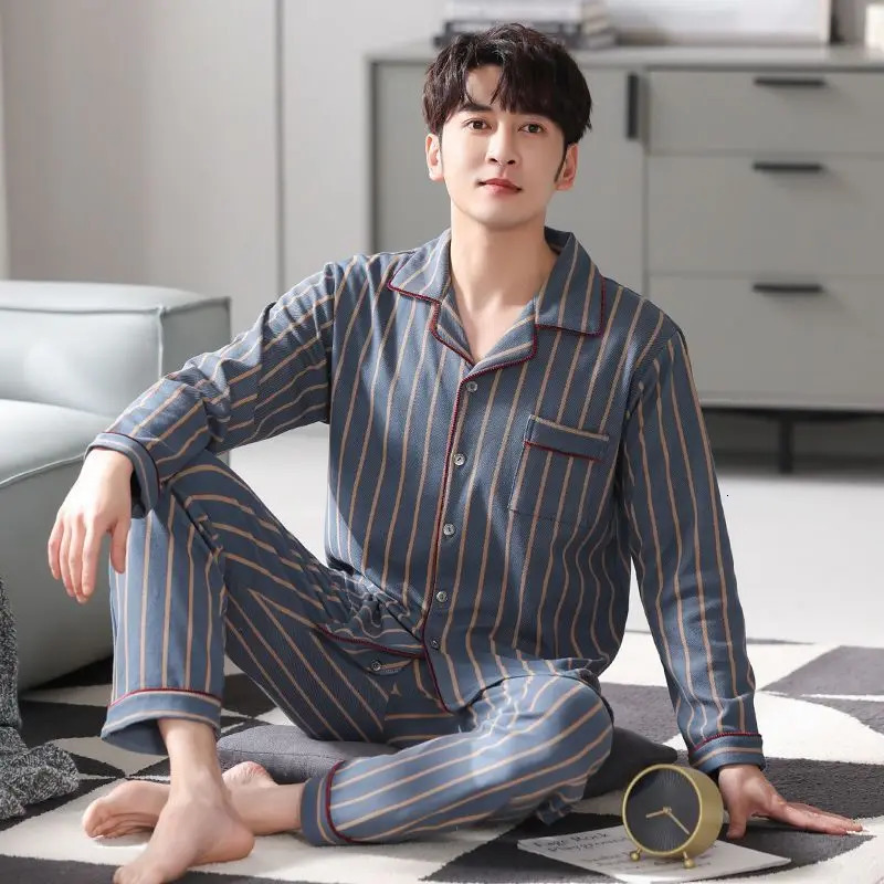 100% Cotton Mens Fall and Winter LongSleeved Long Pants MiddleAged Thin Section of Pajamas Sleepwear Homewear Suit Loungewear 250122