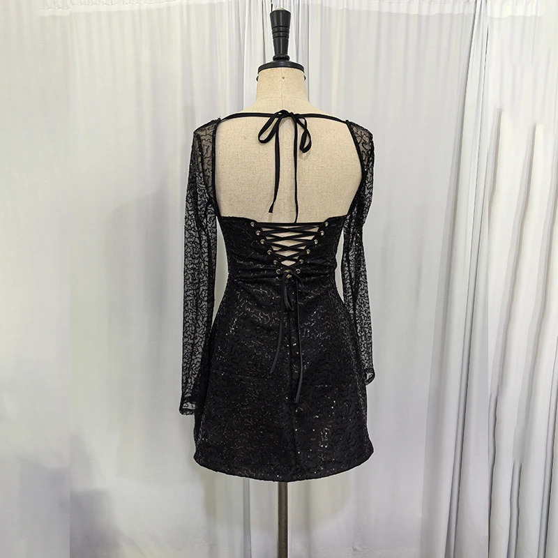 NIDANSSI Mesh Sequined Glitter Evening Party Dress Women Backless Robes Elegant Sexy Dress Bodycon Mini Spring Dress Vestidos 250113