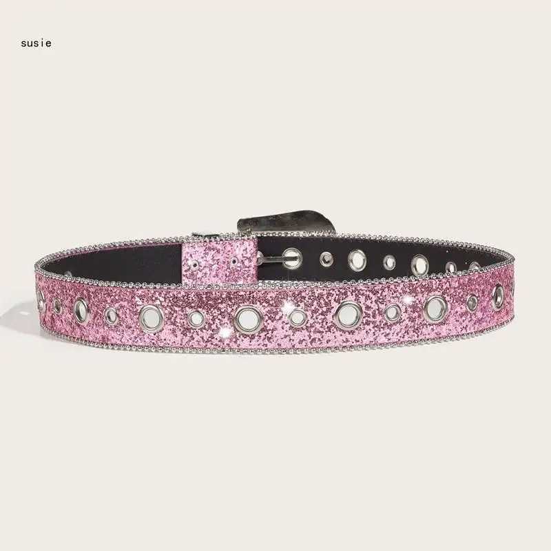 X7YA Pink Color Waist Belt Western Full Diamond Belt Cowgirl Cowboy Belt W250120