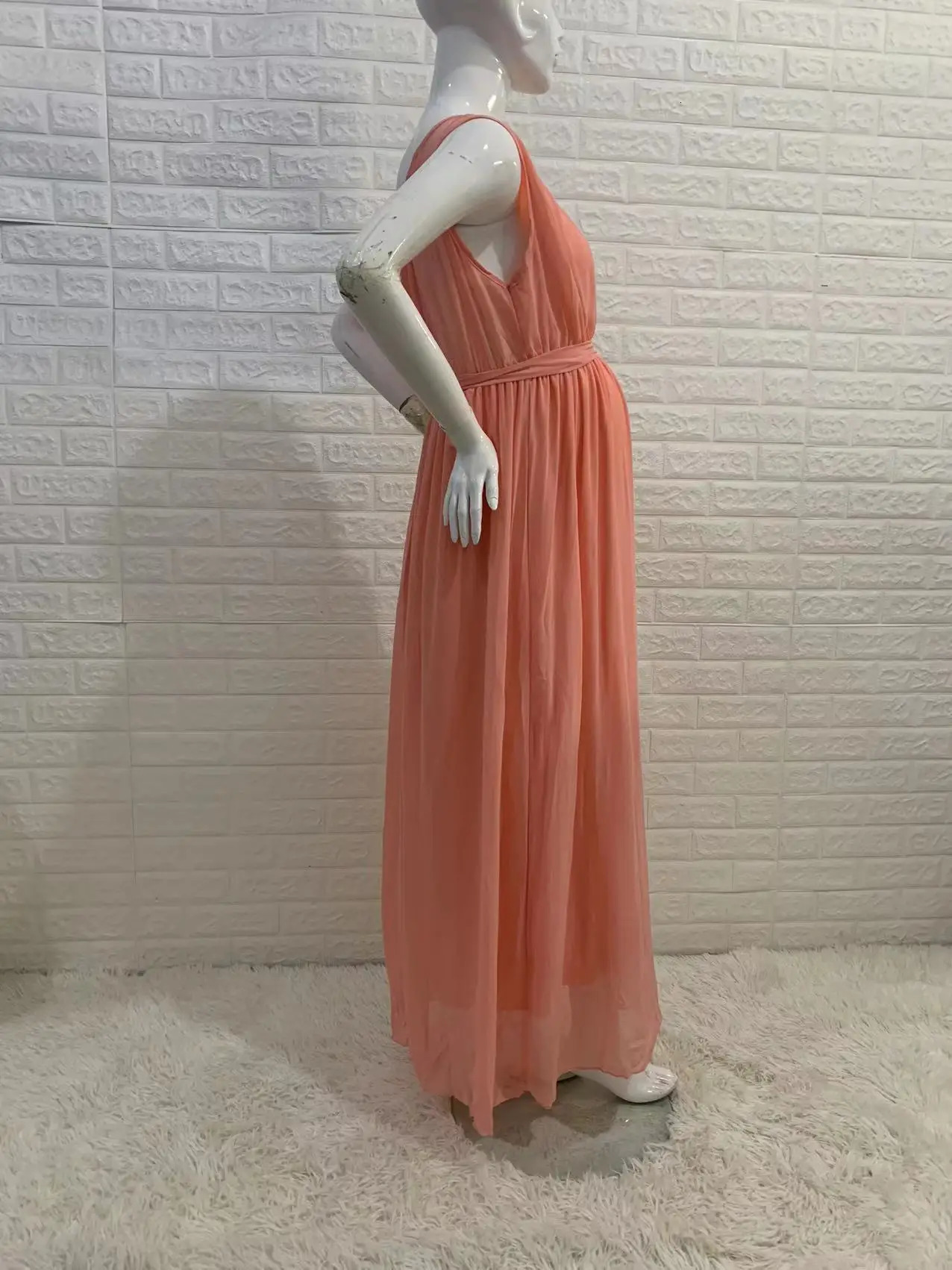 summer maternity dress solid color Sleeveless Fashion round neck belt waist po long maternity chiffon dress 250116