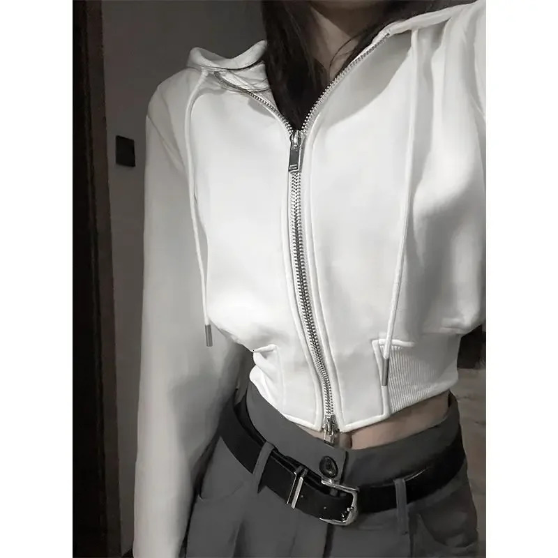 Cropped Zipper Hoodies Women White Casual Y2k Vintage Preppy Style Hooded Sweatshirt Korean Streetwear Harajuku Fashion 250109