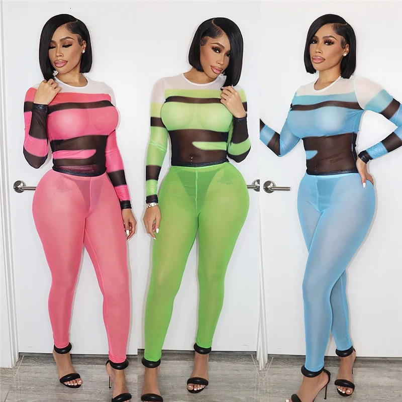 Sexy Mesh Sheer Striped Patchwork Two Piece Set Women Clubwear Long Sleeve Top Leggings Matching Sets Party Birthday Outfits 250108
