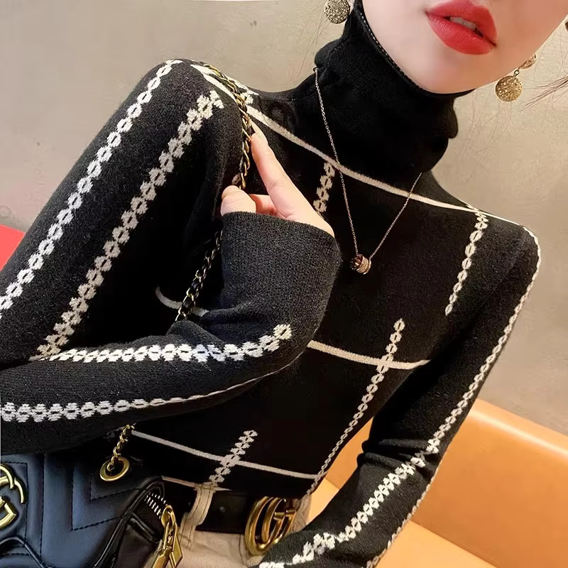Office Lady Daily Fashion Jacquard Turtleneck Sweaters Autumn Winter Temperament Elegant Elastic Slim Knitted Pullovers
