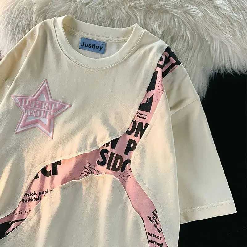 Y2k American retro hip-hop mens and womens trend and personalized splicing work round neck short sleeved casual T-shirt W250117